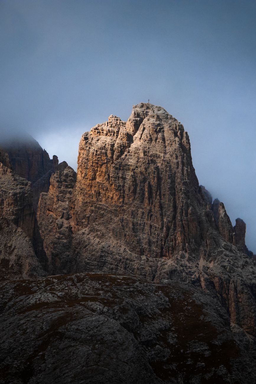 Dramatic limestone crags of the Italian Dolomites at golden hour